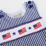 Royal Blue Gingham American Flag Smocked Shortalls