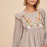 Embroidered Ruffle Shoulder Blouse - Olive