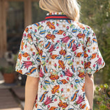 Elastic Stripe V-Neck Floral Woven Print Top