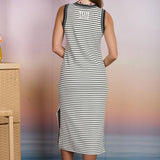 Stripe Contrast Trim Sleeveless Knit Midi Dress