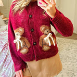 Teddy Bear Patterned Buttoned Knit Sweater Cardigan