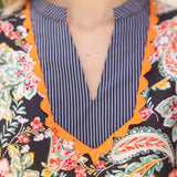 Suzanne Wavy Trim Detailed Floral Stripe Mixed Blouse