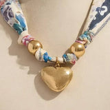 Heart and Dual Beads Pendant Scarf Gold Necklace