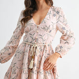 Embroidered Floral Belted Long-Sleeve Mini Dress