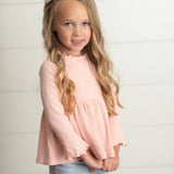 Kids Blush Pink Long Sleeve Lettuce Trim Ribbed Shirt