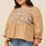 Womens Floral Embroidered Mix Media Peplum Top