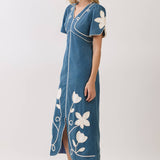 Floral Applique Contrast Trim Midi Dress