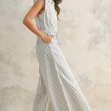 Striped Pattern Jumpsuit with Button Down