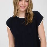 Short Sleeve Knit Navy Sweater Top with Contrast Trim