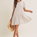 Breeze Stripe Puff Sleeve Mini Dress With Faux Buttons: Latte