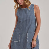 Sleeveless Stripe Denim Mini Dress with Scalloped Embroidery