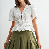 Embroidered Cotton Peplum Blouse with Pleats
