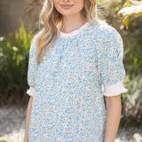 Floral Print Embroidery with Puff Sleeve Top