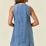 Chambray Round Neckline Sleeveless A-Line Mini Dress