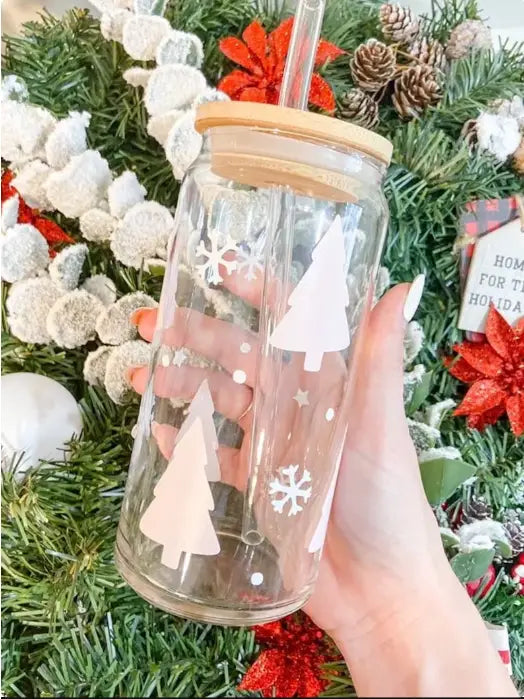 Christmas Iced Coffee Glass Cup || White Tree