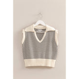 Striped Knit Collared Sleeveless Top | Cream & Black