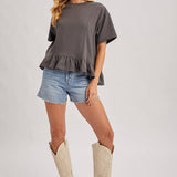Ruffled Peplum Hem Boxy Swing Knit Tee