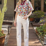 Elastic Stripe V-Neck Floral Woven Print Top