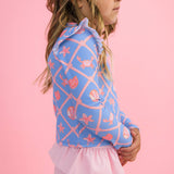Girls Tropical Trellis Flutter Long Sleeve Rash Guard Skirted 2-Piece Swimsuit: Blue
