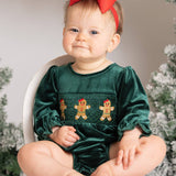 Deep Emerald Smocked Gingerbread Velvet Romper