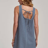 Sleeveless Stripe Denim Mini Dress with Scalloped Embroidery