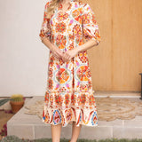 Ruffled Neck Boarder Printed Tiered Midi Dress