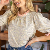 Cali Stripe Ruffle Detailed Animal Print Knit Blouse