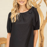 Shoulder Bow Detail Solid Eyelet Knit Top