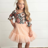 Kids Brown & Peach Vintage Floral Tulle Fall Dress
