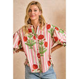 Stripe Flower Printed Woven Bubbled Sleeves Button Blouse