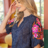 Embroidered Raglan Sleeve Floral Textured Top