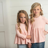 Kids Blush Pink Long Sleeve Lettuce Trim Ribbed Shirt
