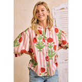 Stripe Flower Printed Woven Bubbled Sleeves Button Blouse