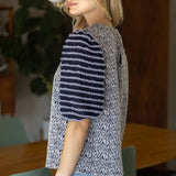 Mixed Pattern Fuzzy Striped Puff Sleeve Top