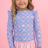 Girls Tropical Trellis Flutter Long Sleeve Rash Guard Skirted 2-Piece Swimsuit: Blue