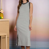 Stripe Contrast Trim Sleeveless Knit Midi Dress