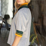 Alicia Quarter Zip Striped Elastic Band Blouse