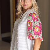 Floral Embroidered Short Bubble Sleeve Top