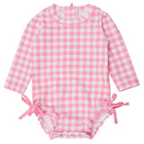 Bubblegum Pink Gingham Long Sleeve One Piece Rash Guard Swimsuit