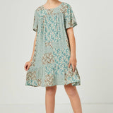 Girls Floral Patchwork Print Flutter Sleeve Dress | Sage