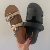 Double Buckle Raffia Sandals | Tan and Black