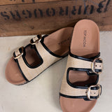 Double Buckle Raffia Sandals | Tan and Black