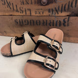 Double Buckle Raffia Sandals | Tan and Black