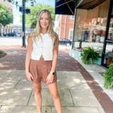 Chestnut Washed Pleated High Waist Shorts