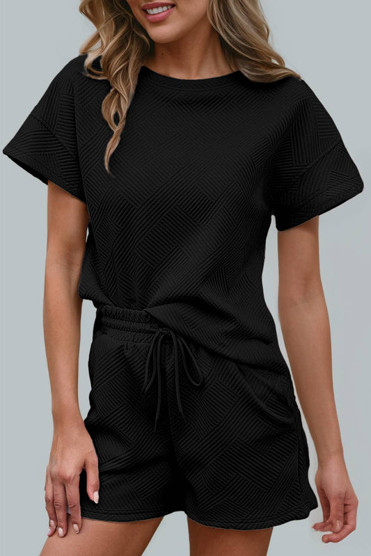 Solid Textured Drawstring Shorts Set: Black