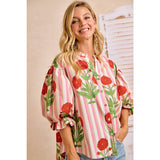 Stripe Flower Printed Woven Bubbled Sleeves Button Blouse