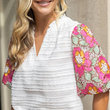 Floral Embroidered Short Bubble Sleeve Top