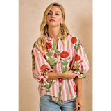 Stripe Flower Printed Woven Bubbled Sleeves Button Blouse