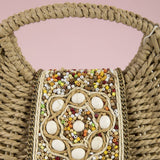 Beaded Flap Straw Top Handle Satchel Bag