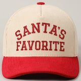 Santa's Favorite Glitter Text 5 Panel Corduroy Cap: Burgundy